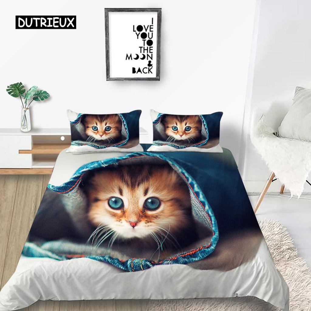 Комплект постельного белья с рисунком кота размера King Size из микрофибры с милым принтом животных для девочек-подростков и детей, комплект постельного белья с рисунком милой кошечки