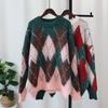 Autumn and Winter New Retro Contrasting Color Rhombus Christmas Sweater Pullover Loose Lazy Soft Waxy Knitted Top Women
