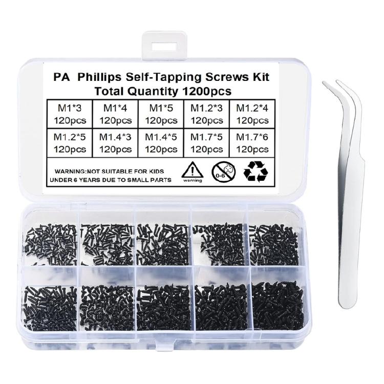 1200Pcs Small Self Tapping Screws Flat Head Cross Micro Screws Mini Screws