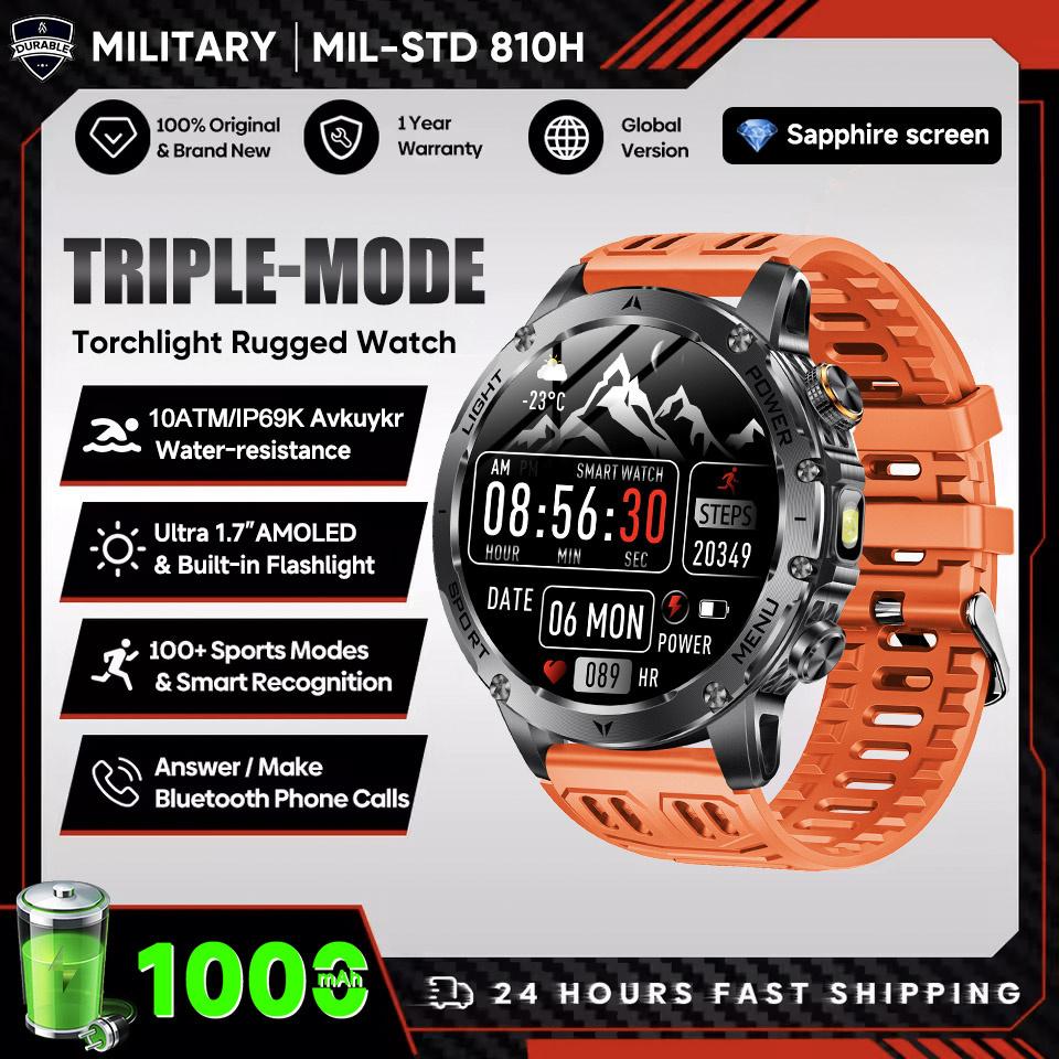 New Military 1.7 inches SmartWatch 1000Mah Battery Fitness Tracking 10ATM Waterproof Sport Flashlight call Bracelet For Men