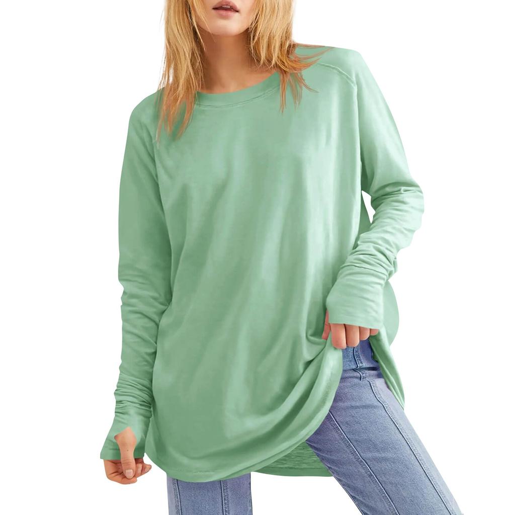Женская однотонная свободная футболка с круглым вырезом и длинными рукавами средней длины, топ с дырявым большим пальцем