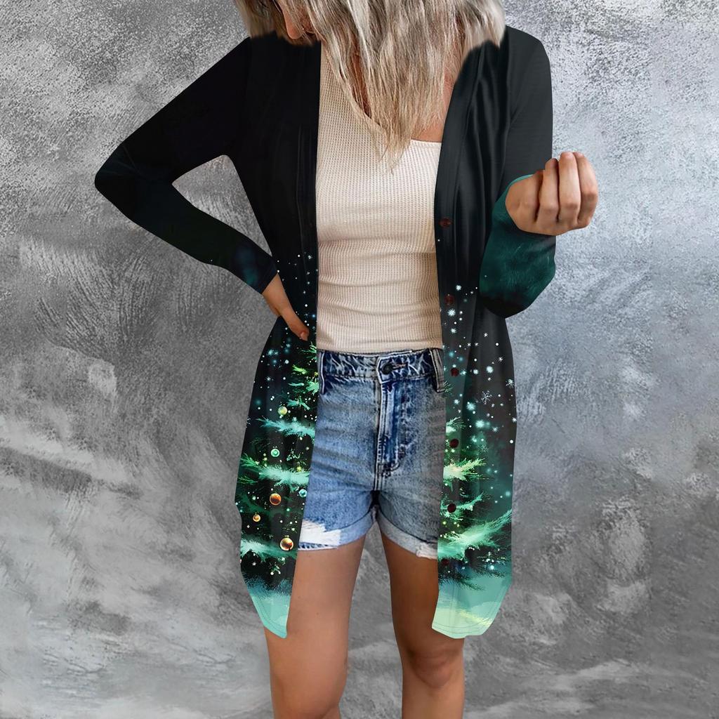 Women's Fashion Casual Long-sleeved Print Medium Length Cardigan Button Jacket Coat