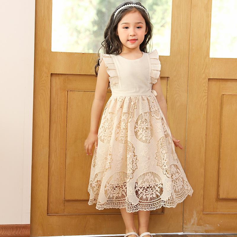 Хлопково-льняное кружевное платье для девочек, летние бежевые платья без рукавов для детей, повседневная модная одежда принцессы для детей 3-12 лет
