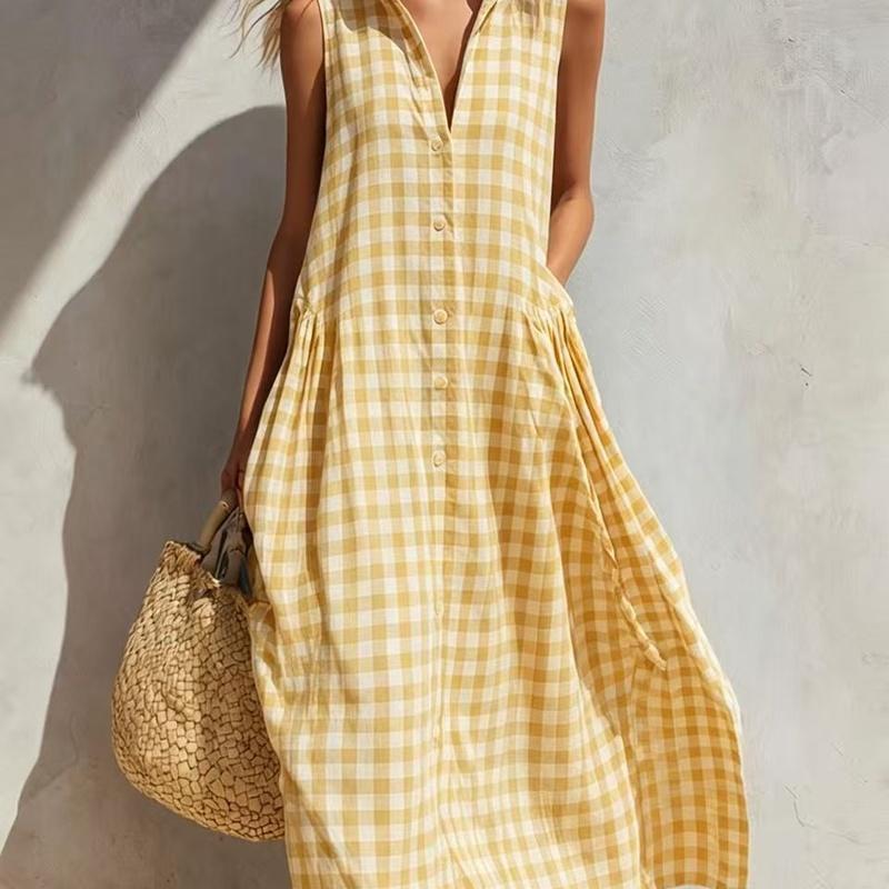 Women's Gingham Sleeveless Collared Loose Maxi Dress Casual Summer Dress