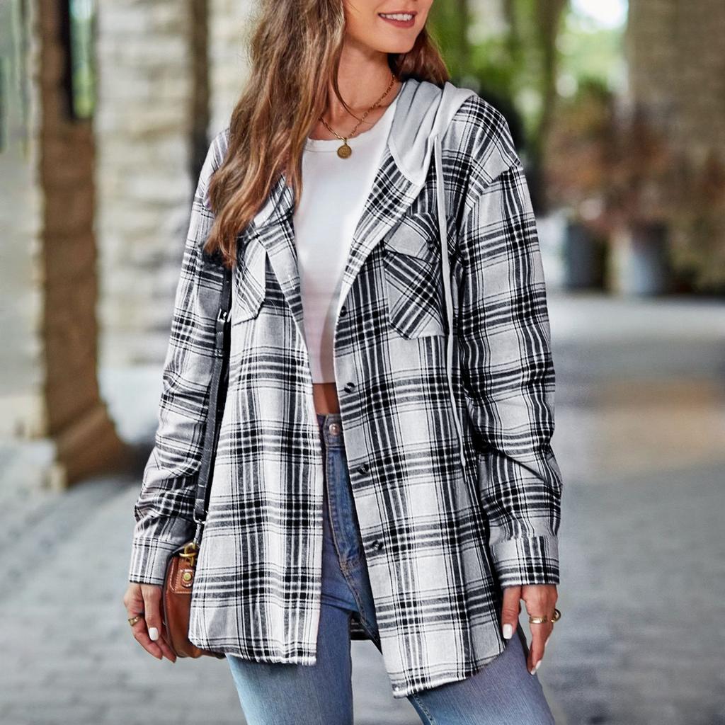 Куртка для женщин, рубашка с капюшоном и шнурком, рубашка с клетчатым принтом, куртка, пальто на пуговицах с длинными рукавами