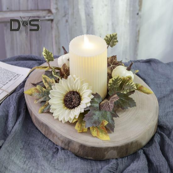 Halloween Candle Ring Wreath Artificial Pumpkin Sunflower Maple Leaf Wreath Pillar Candle Holder for Wedding Home Table Decoration