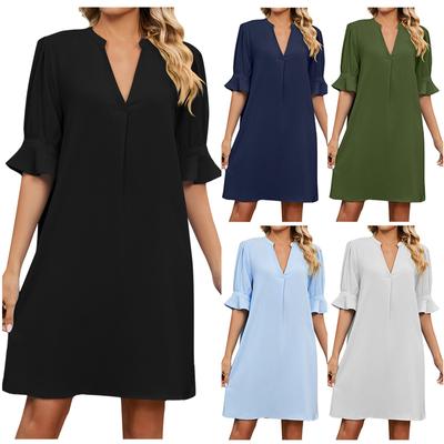 Женское повседневное простое летнее свободное плиссированное платье с v-образным вырезом и рукавом пять четвертей