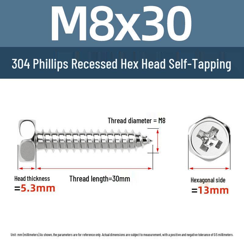 Yigu 304 Stainless Steel Phillips Recessed Hex and Slotted Self-Tapping Screws for Wood, M3-M8