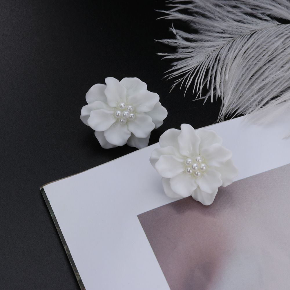 Bohemian Jewelry Inlay Beads Big White Flower Simulated Pearl Camellia Stud Earrings