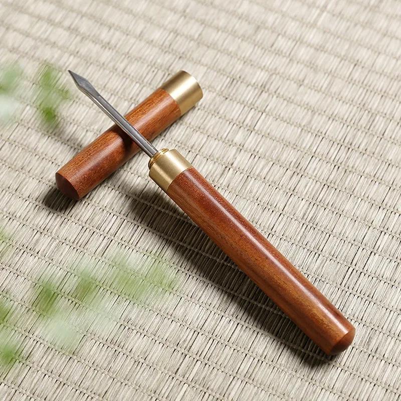 Stainless Steel Tea Needle Solid Sandalwood Ebony Wood Handle Sheath Durable Pu'er Tea Loosening Knife Tea Set Accessories
