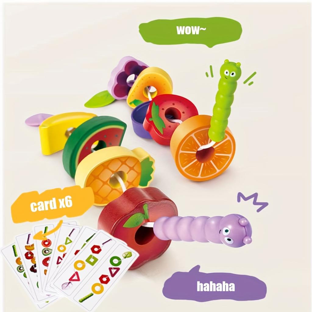 Wooden Animals Caterpillar Eat Fruits String Threading Beads Montessori Toddler Preschool Activities Lacing Toys for Kids