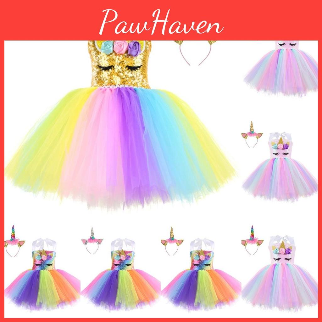 Unicorn Cosplay Girls Dress With Rainbow Pattern For Halloween Party