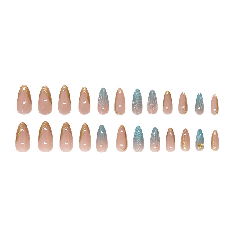 Medium and long almond nail gradual change blue three-dimensional shell starfish pearl temperament, wind removable nail piece 24
