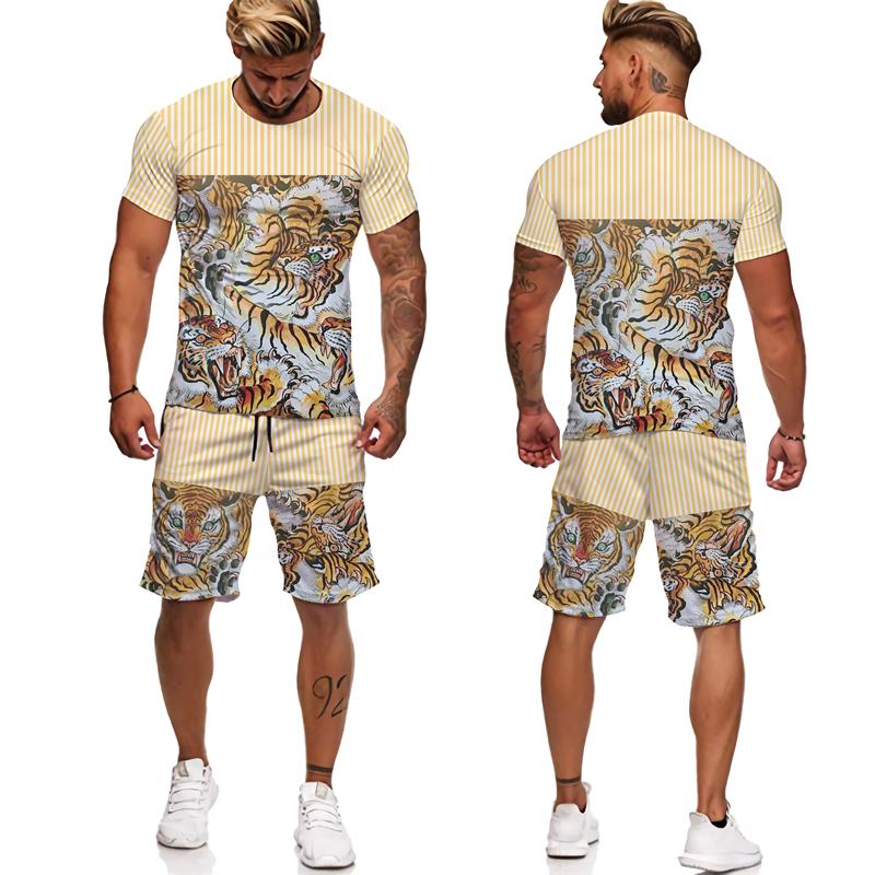 Summer Men's Fashionable Round Neck Streetwear Tracksuit - 3D Print Short Sleeve T-shirt And Shorts Set