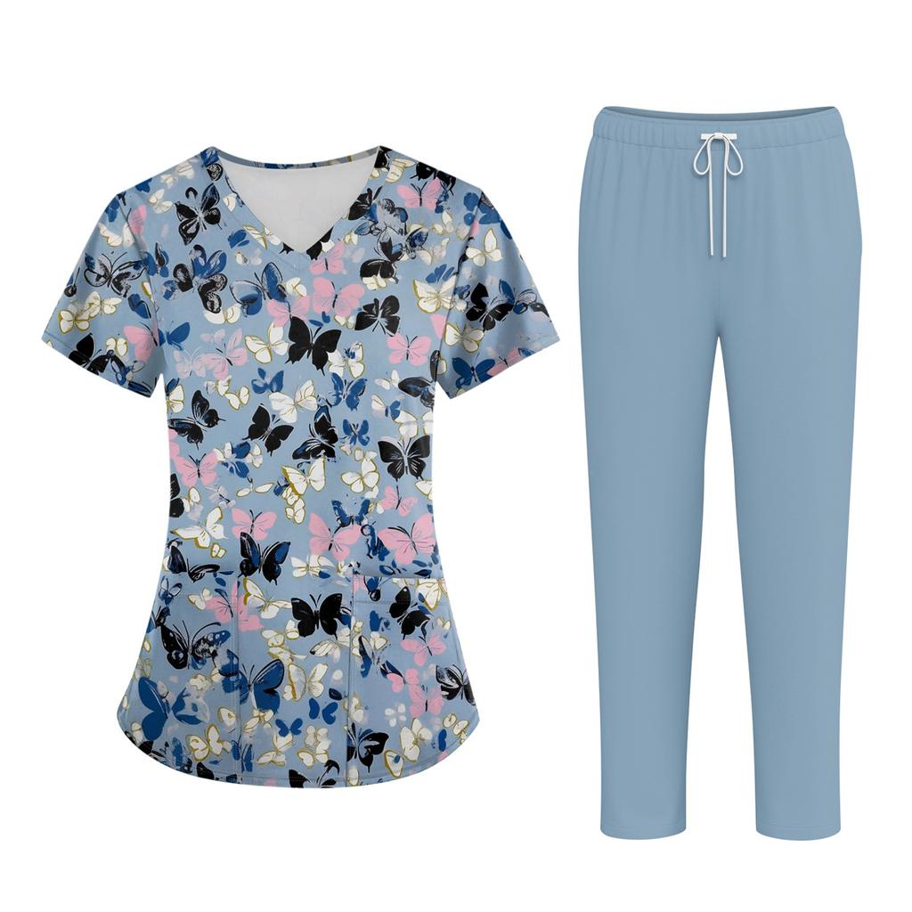 Плюс размерСкраб с принтом Рабочая форма Топы для женщин Крест V-образным вырезом Хэллоуин Принт с короткими рукавами Забавные футболки Спецодежда Футболка с карманами