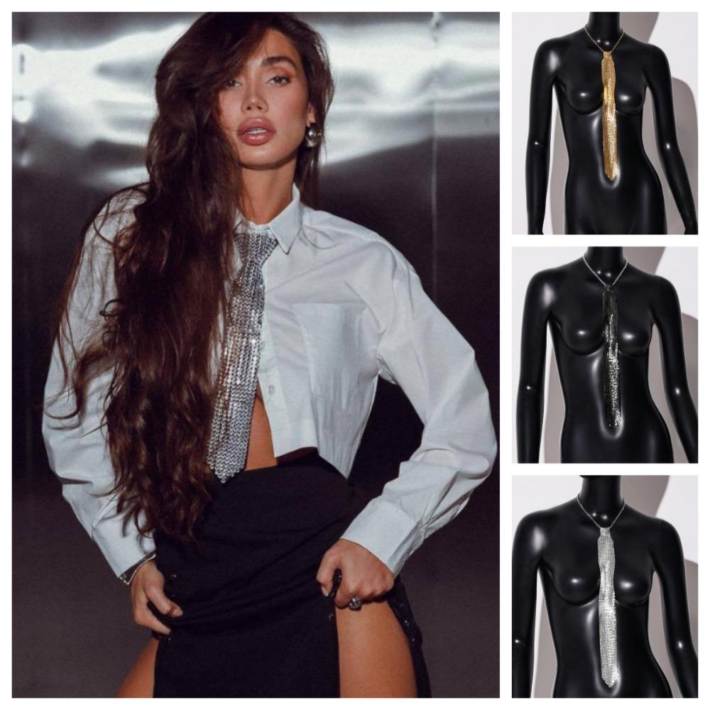 Soft Metal Sequin Necktie Narrow Glitter Cravat Shiny Crystal Rhinestone Neck Tie  Music Festival