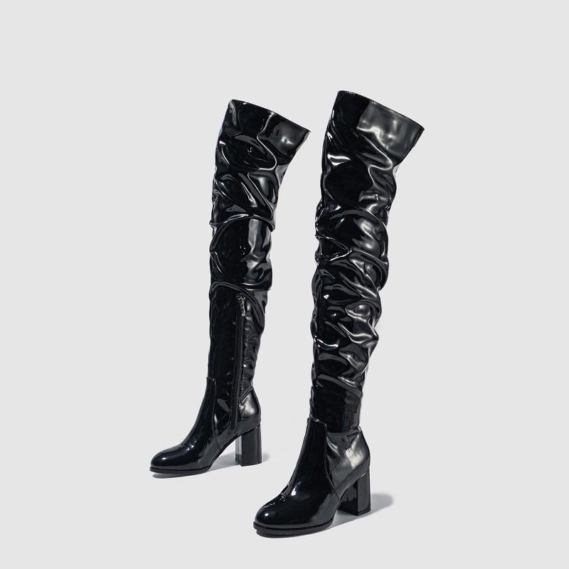 Eilyken Winter Patent Leather Women Over-the-knee Boots Fashion Nightclub Round Toe Zip Booties Square High Heels Ladies Shoes