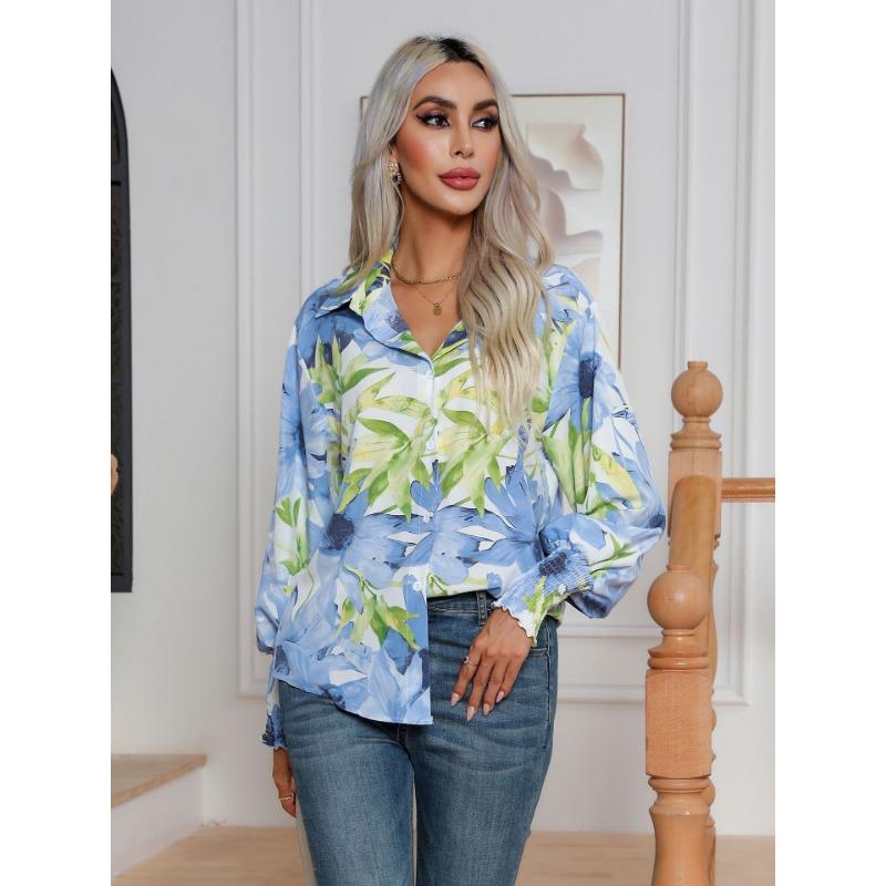 Spring and Autumn Women's Shirt Fashion Printed Lantern Sleeve Shirt Long Sleeve Shirt
