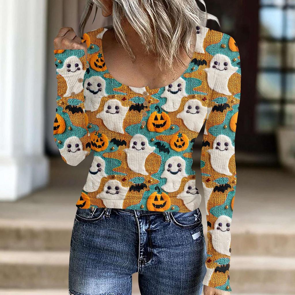 Женский модный повседневный свитер с длинными рукавами и принтом на пуговицах в стиле Хэллоуина