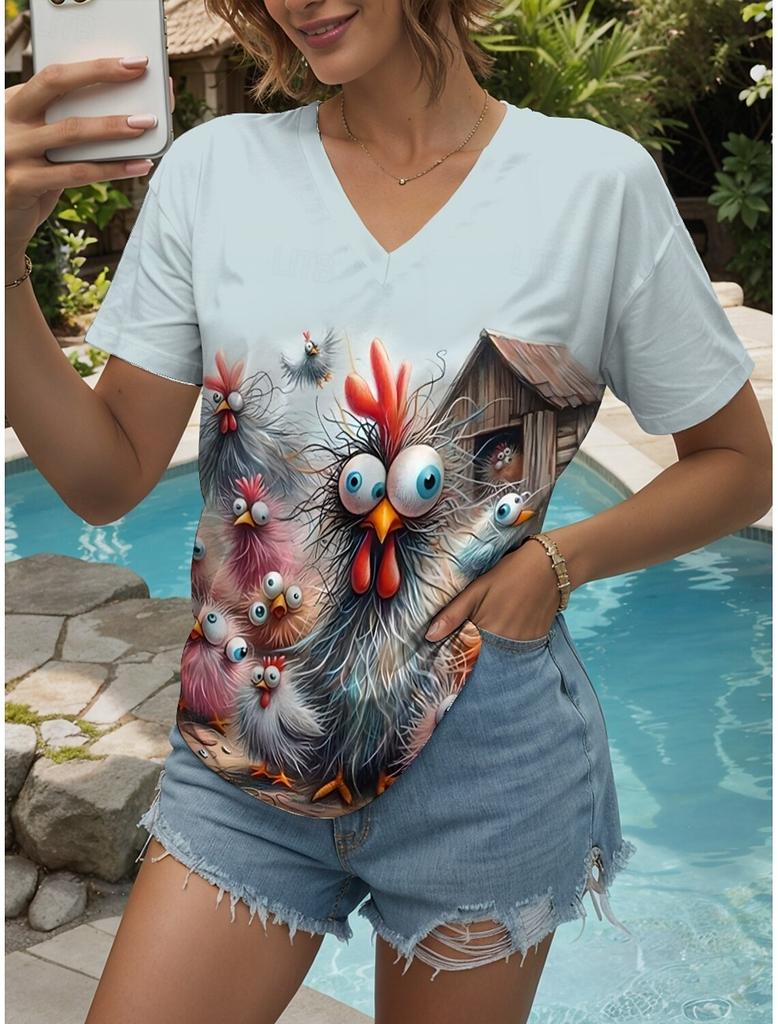 Женская футболка Kawaii Animal Graphic Fashion с короткими рукавами и V-образным вырезом, обычные топы с принтом на каждый день, летние и весенние повседневные топы