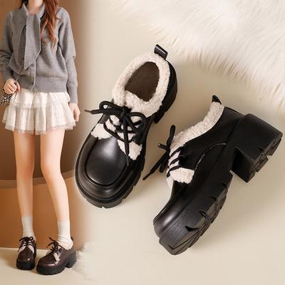 Бархатные туфли на толстой подошве для женской осени и зимы, новая пушистая обувь, хлопковые туфли на толстом каблуке, теплые туфли-оксфорды из маленькой кожи