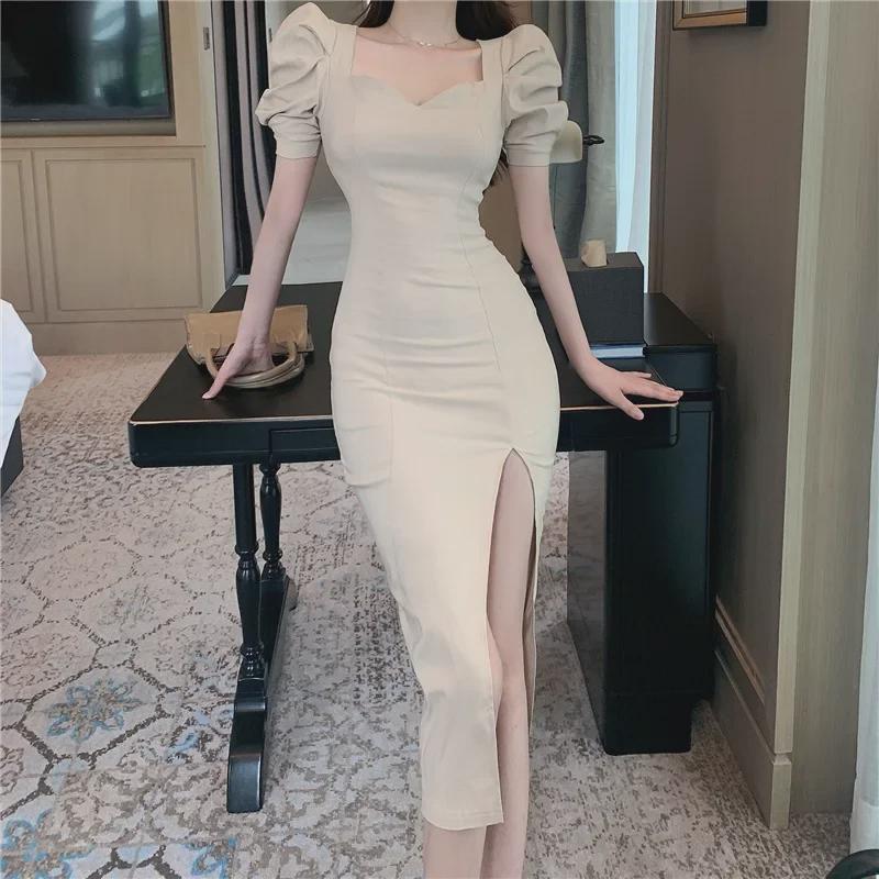 "Summer 2025 Black French Puff Sleeve Dress with Long Slit for Women"