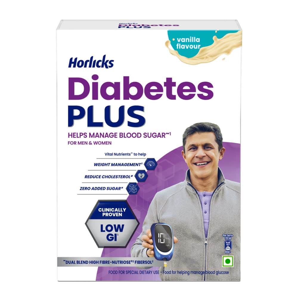 Horlicks Diabetes Plus Ванильный питательный напиток 400 г Высокое содержание клетчатки Нулевое содержание сахара Поддерживает взрослых