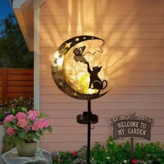 Solar Garden Light, Waterproof Metal Cat Butterfly Moon Pathway Stake Light for Yard, Lawn, Patio, Outside Decor