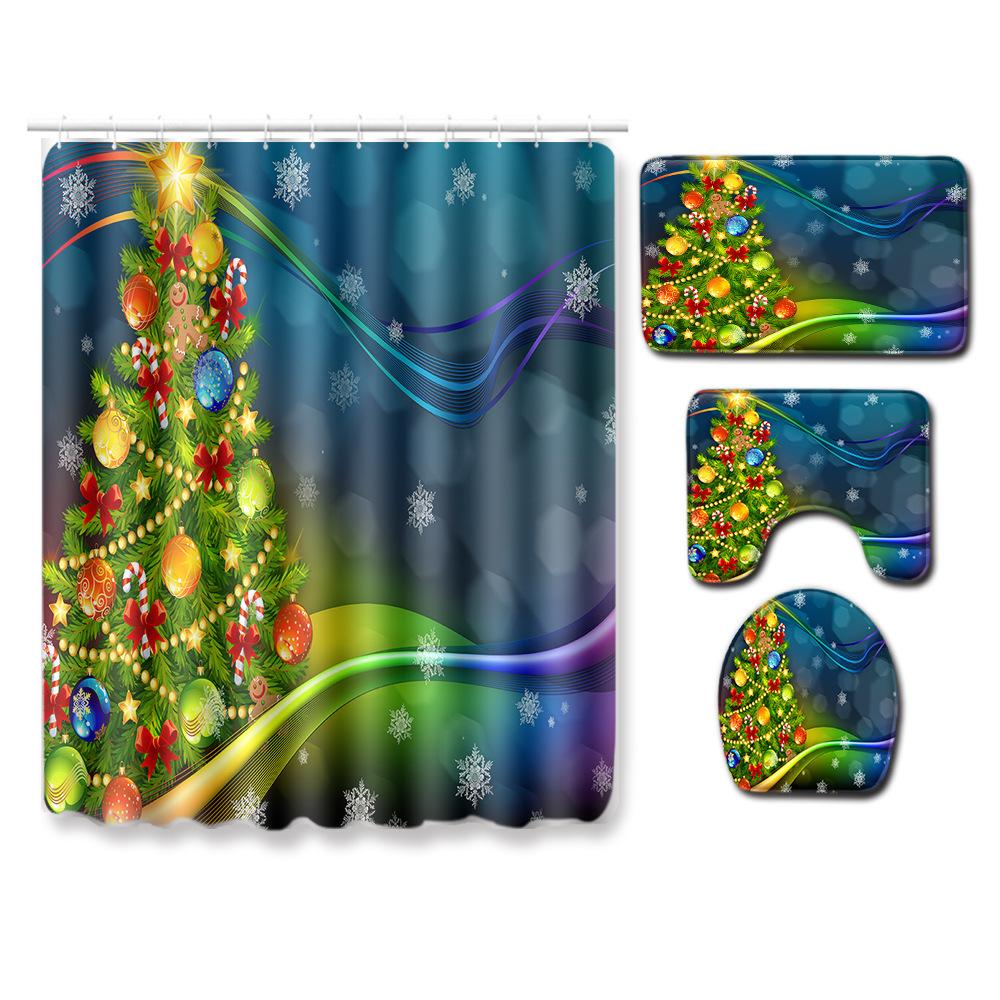 Christmas Waterproof Shower Curtain Four-Piece Floor Mat Combination Set Household Door Mat Bedroom Living Room Carpet