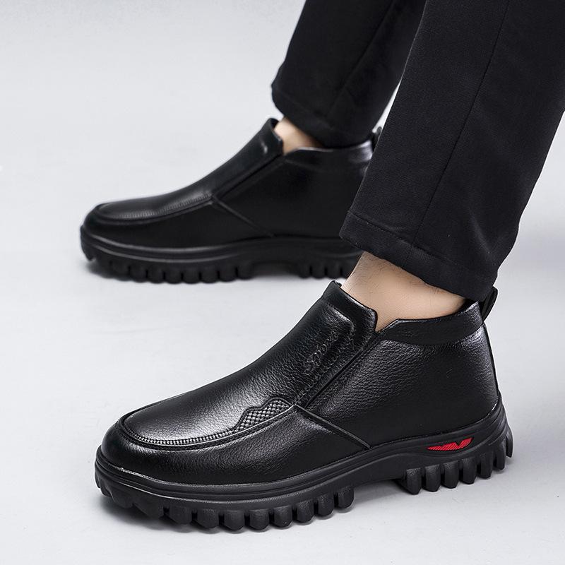 White Plush Warm Winter Outdoor Snow Boots Men'S Black Leather Business Dress Cotton Shoes Anti-Slip Waterproof Elderly Shoes
