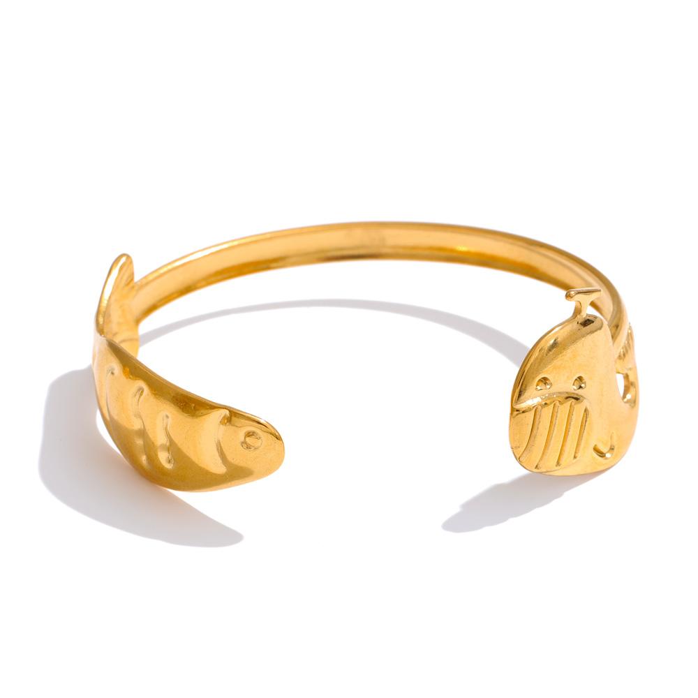 Yhpup Waterproof Ocean Style Shell Fish Cuff Open Bracelet Bangle Adjustable Stainless Steel Statement Charm Wrist Jewelry