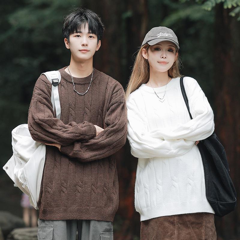 2026 Youth Japanese Style Chunky Knit Loose Sweater for Men - Autumn/Winter Long Sleeve Round Neck Trendy Couple Knitwear
