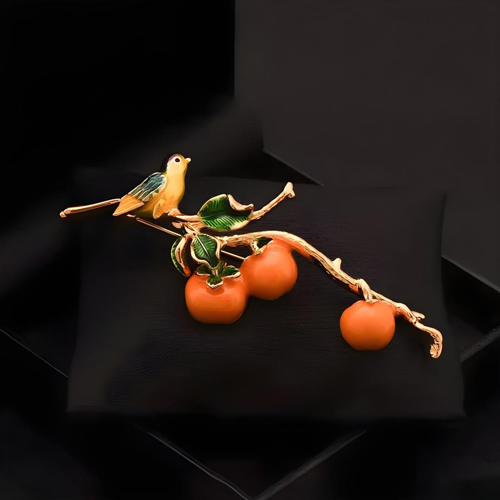 Happy Events Keep Coming. Magpie Persimmon Brooch, Classical Cheongsam Fixed Pin, High-end Corsage Accessory