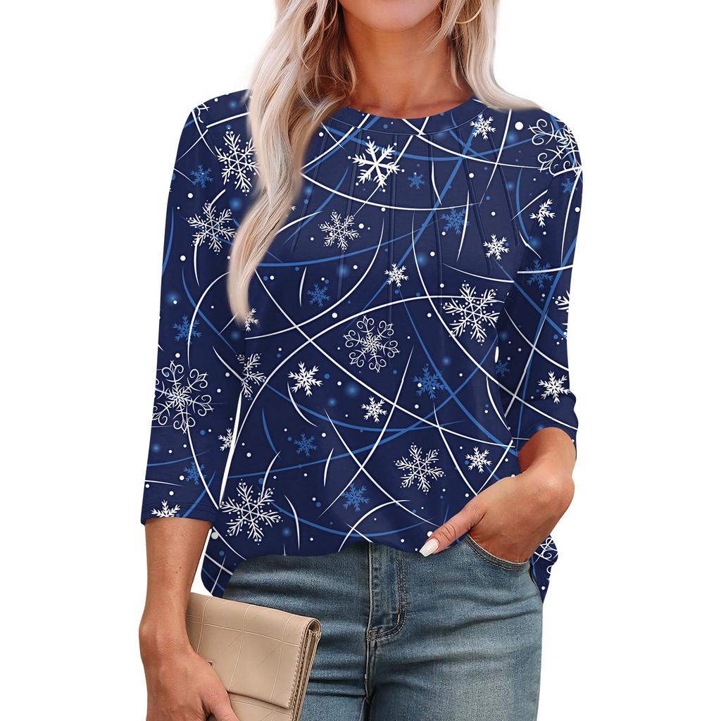 Женская модная футболка с круглым вырезом и рукавом 3/4 с принтом, повседневная, базовая, плиссированная, пуловер