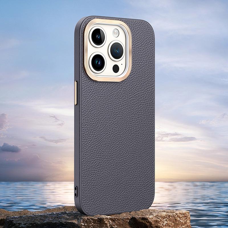 For iPhone 14 Pro Max Cover PU Leather+TPU Shockproof Phone Case with Metal Lens Frame