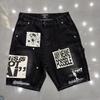Cross-border trendy brand MIXED & EMOTION sticker printed casual denim shorts men's and women's high street old five-point pants