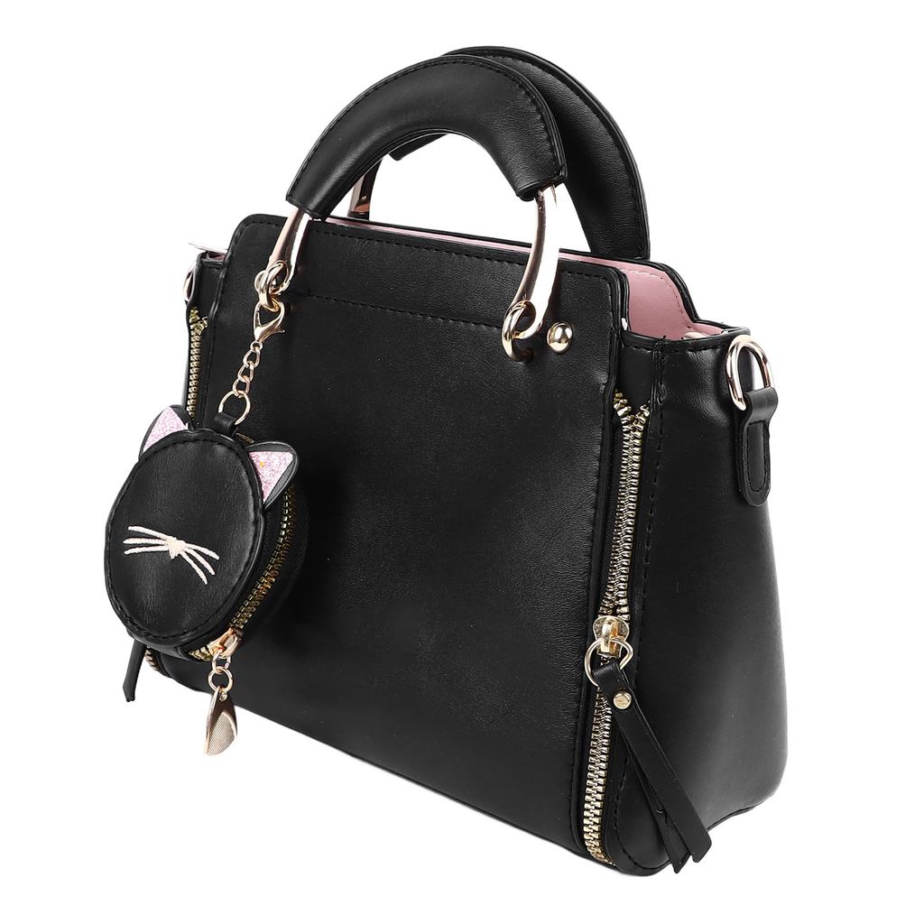 Women Handbag with Shoulder Strap Coin Purse PU Leather Zipper Multi Purpose Handbag Stylish Messenger Bag Black Free