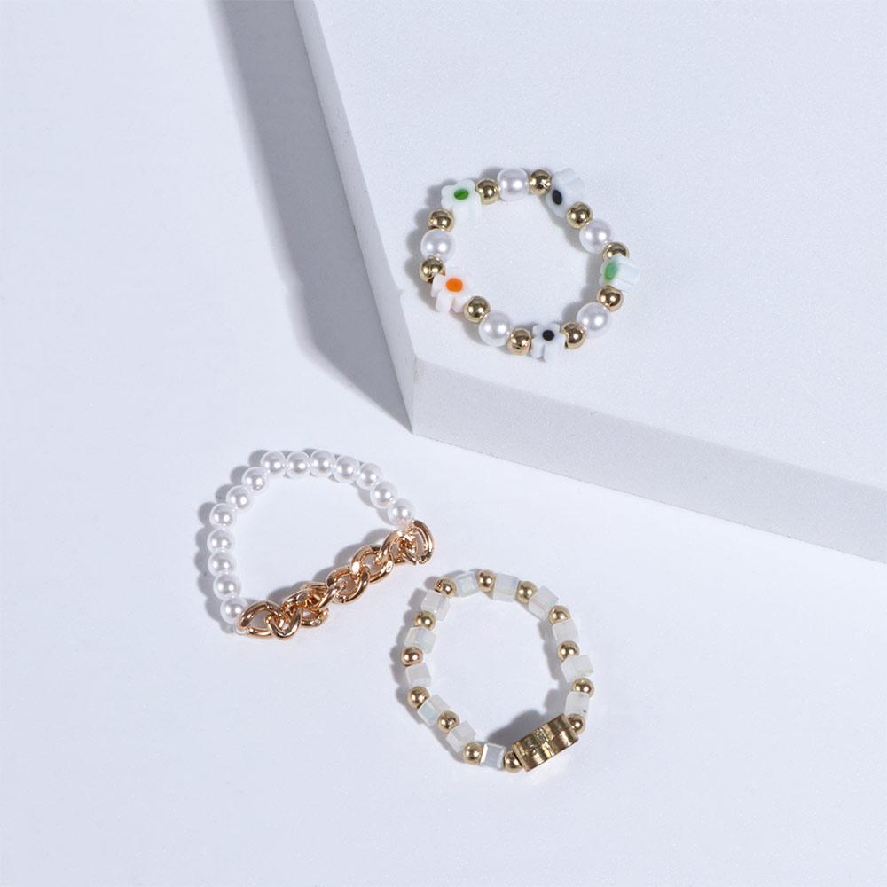 Trendy Love Heart Acrylic Bohemia Pearl Finger Ring Set Party Jewelry Beaded Rings Women Ring