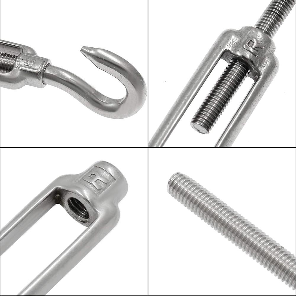 304 Stainless Steel European Style Hook & Hook M6 Turnbuckles Adjustable Wire Rope Tensioners Pack of 5