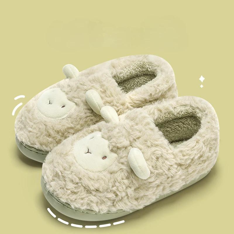 Fashion Winter Cute Lamb Slippers Women Bag Heel Thick Bottom Cartoon Plush Flat Bottom Soft Comfortable Thick Bottom Cotton Shoes Men