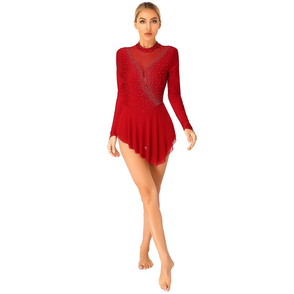 Женское платье для соревнований по фигурному катанию, сетчатый лоскутный гимнастический костюм для лирического танца