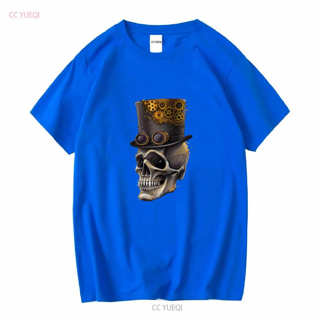 Steampunk Skull Unisexs Cotton T Shirt Top Long Or Short Sleeves Vintage Washed Versatile Top For Everyday Wear Stylish