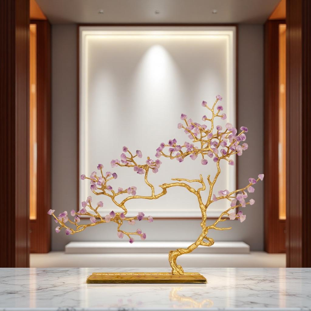 Chinese Light Luxury Brass Jewelry Crystal Branches Leave Lucky Tree For Family Hotel Entrance Living Room
