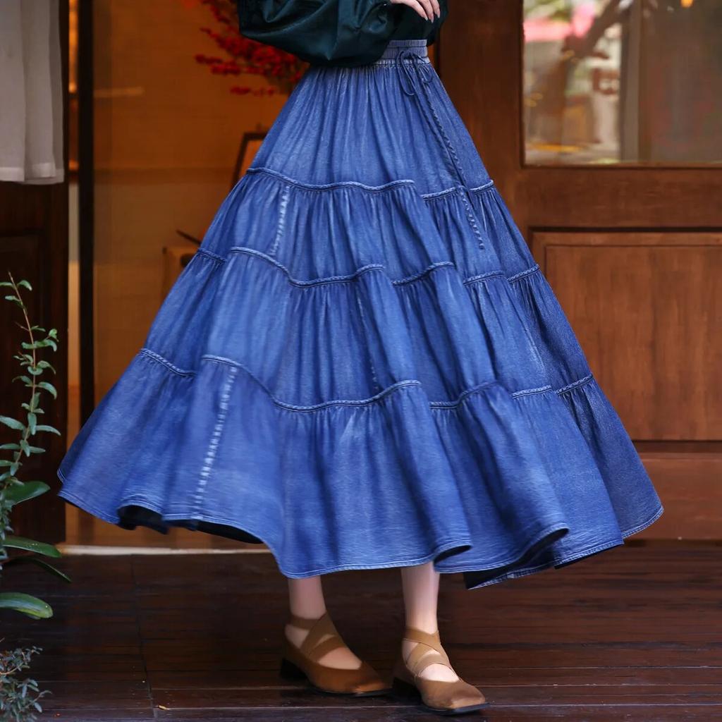 Johnature Woman Spring Casual Splicing A-Line Skirts Solid Color Cotton Vintage Retro Chinese Style Skirts