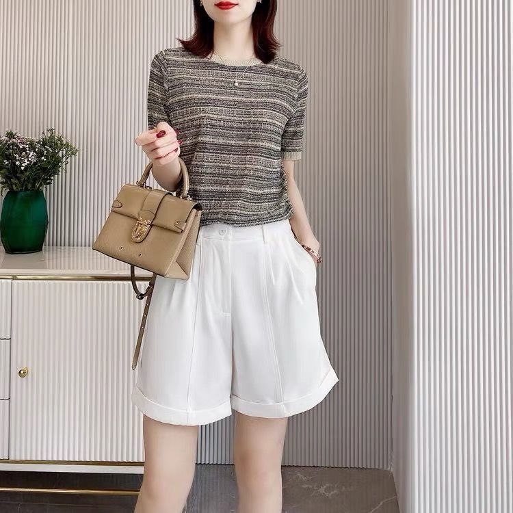 Полосатая футболка из ледяного шелка с коротким рукавом и круглым вырезом, летняя универсальная футболка с коротким рукавом, модный топ