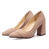 Модные женские туфли-лодочки на высоком каблуке, элегантные туфли из флока с острым носком, черные, телесного цвета, на блочном каблуке, для офиса, свадьбы, большого размера, весна 2024 г.