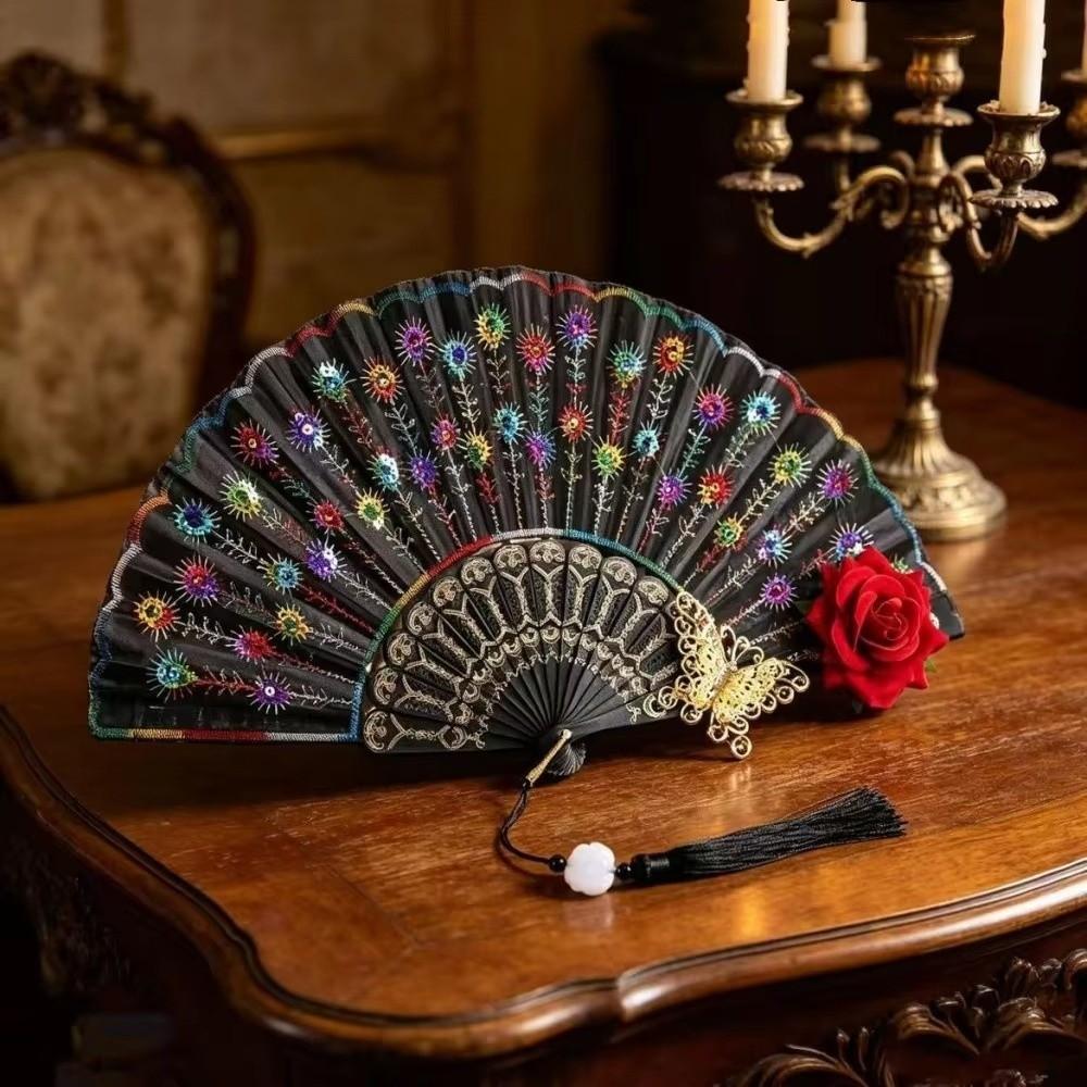 Sequin Decorated Spanish Handheld Fan Embroidered Flamenco Dance Fan New Gothic Dance Fan