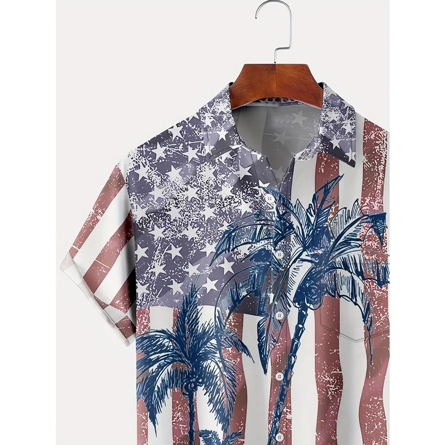 Гавайская рубашка с принтом кокосовой пальмы и пуговицей американского флага. Льняная рубашка с коротким рукавом.