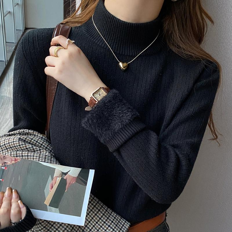 Fashion Thick Half High Neck Plush Base Sweater Women New Autumn and Winter Velvet Knitted Sweaters Tops Office Lady Casual Warm Knitwear 24866