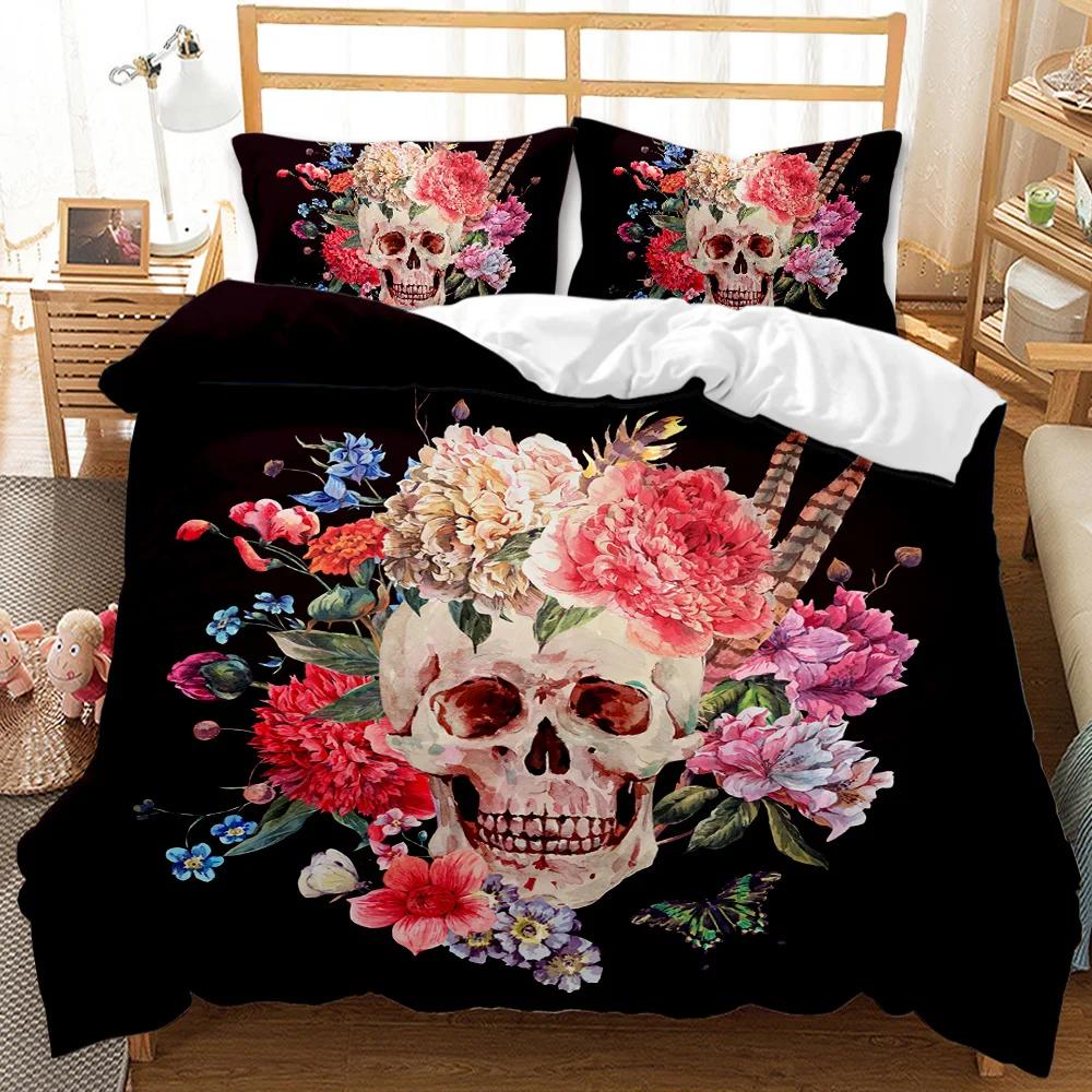 Комплект постельного белья с черепом Queen 3D Skeleton Floral Skull Pattern Printed Beds Qulit Cover Gothic Microfiber Beds Queen Size